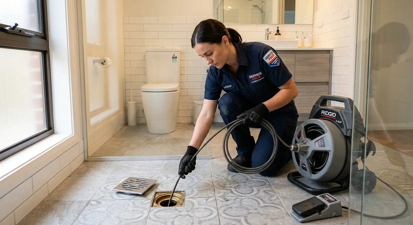 Technician clearing a bathroom floor drain for Sewer Line Installation in Northfield